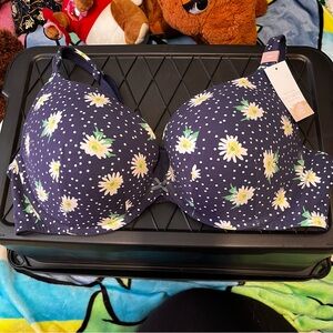 NWT Cacique Boost Plunge Bra Cotton Underwire Daisy Polka Dot Navy 44D